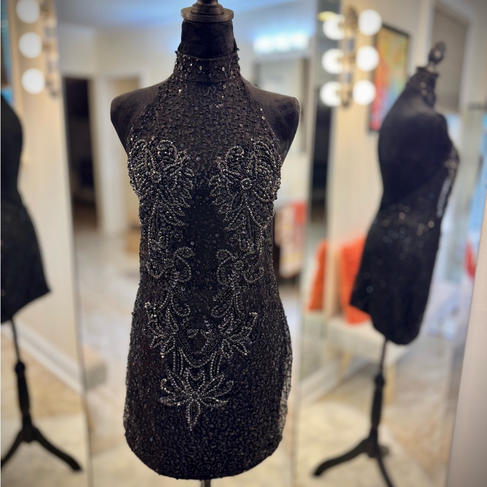 Elegant Black Beaded Halter Dress